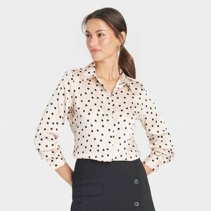 A New Day Polka Dot Long Sleeve Button Down Top Cream & Black Satin Size Medium